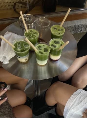 A crew out together over a table of iced matchas